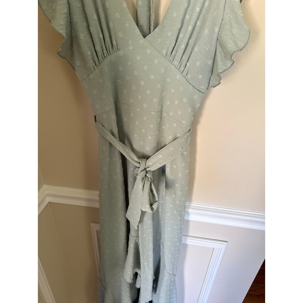 Altar’d State | Sage Green Polka Dot Textured V-Neck Maxi Dress Ruffle Shoulders - Picture 4 of 11